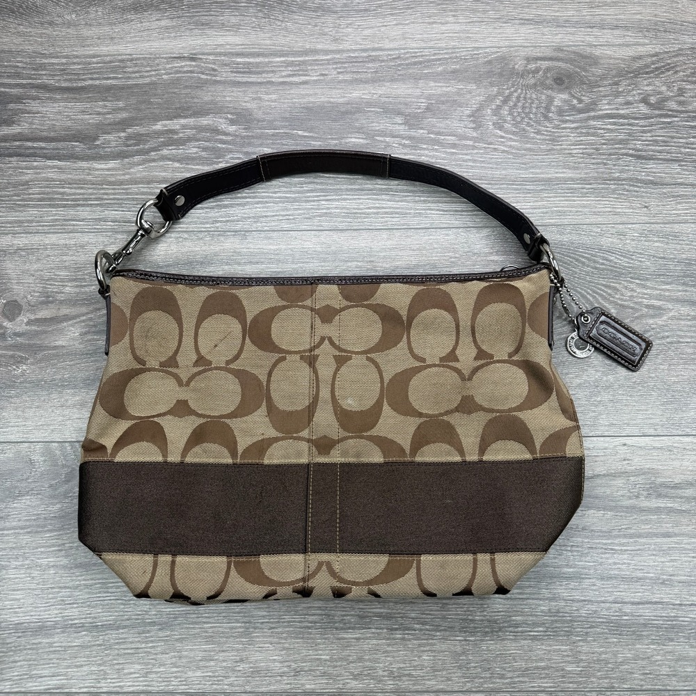 Coach F13581 Signature Stripe Shoulder Hobo Bag Brown Khaki Jacquard Hobo Y2K